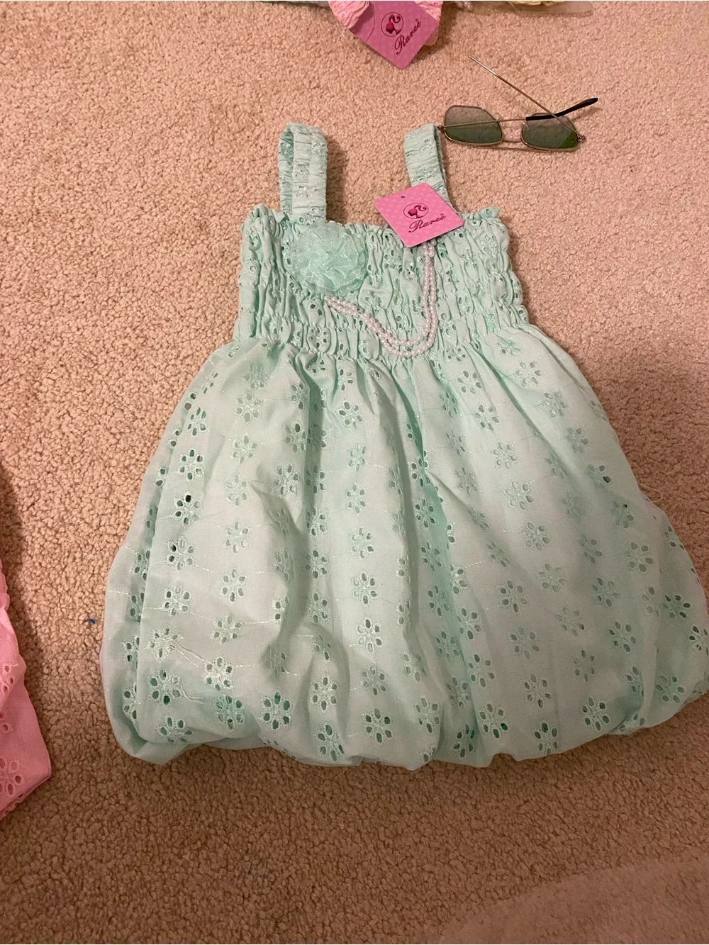 Girls' Pastel Eyelet Bubble Dress with Floral Accent - Yellow, Mint, Pink